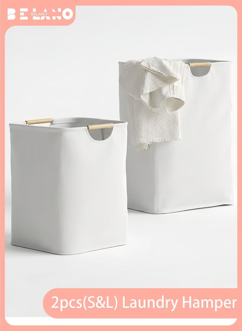 BELANO 2 Pack Waterproof Laundry Baskets, Collapsible Bag Organizer Basket, Storage Hamper for Clothes Toys Dirty Clothes Bedroom ( L+S, White) - Image 1
