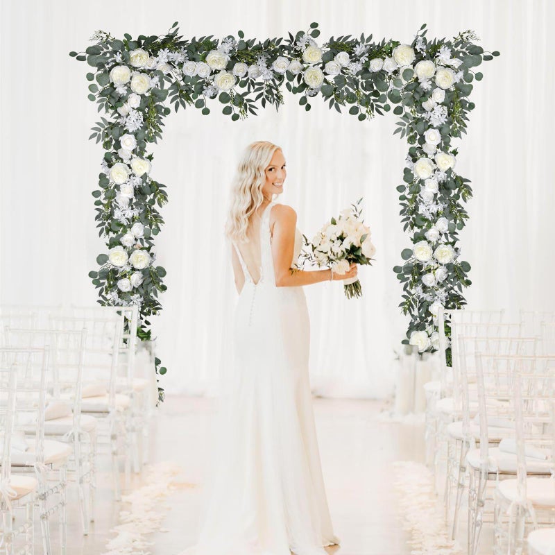 DearHouse 2Pcs Artificial Peony Flower Garland and - Silk Peony Garland with Flowers and Eucalyptus for Wedding Party Table Decoration,6ft/Strand (White) - Image 3