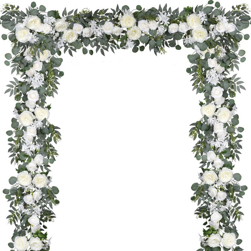 DearHouse 2Pcs Artificial Peony Flower Garland and - Silk Peony Garland with Flowers and Eucalyptus for Wedding Party Table Decoration,6ft/Strand (White) - Image 1