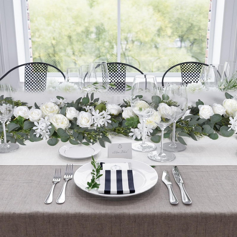 DearHouse 2Pcs Artificial Peony Flower Garland and - Silk Peony Garland with Flowers and Eucalyptus for Wedding Party Table Decoration,6ft/Strand (White) - Image 2