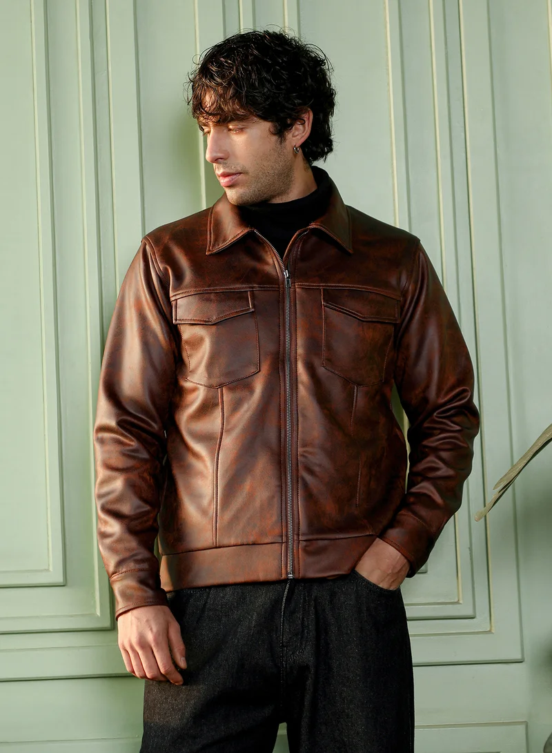 كامبوس سوترا Men Dye Utility-Twill Bomber Jacket | Point Collar, Long Button-Cuff Sleeves | Zipper , Band-Straight Hem | Abstract Print Twill | Woven Fabric For Casual & Daily Wear | Teddy Brown