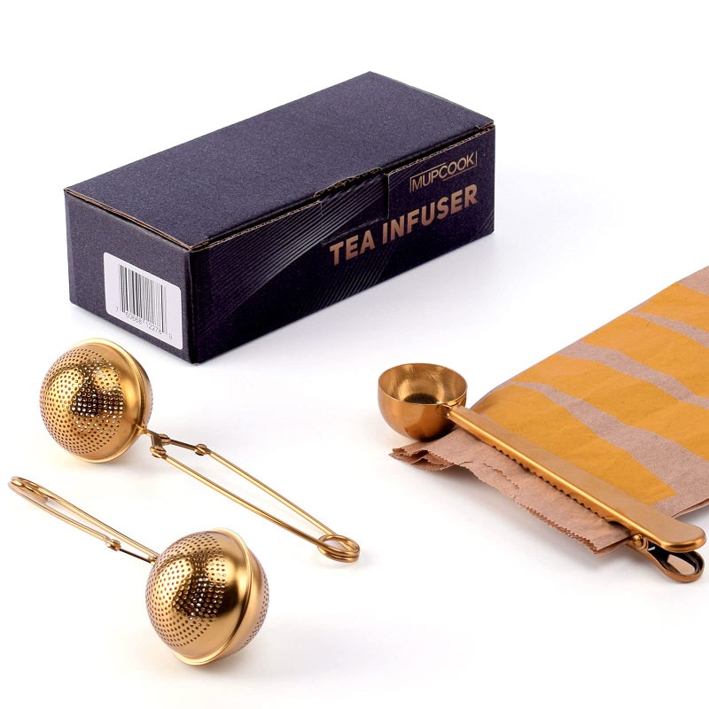 MUPCOOK Set of 2 Tea Infusers  1 Tea Spoon Hinge and Clamp Style Gold Stainless Steel Strainer Filter Ball with Perfect Multifunctional Serve Scoop to Brew Loose Leaf Tea Durable Tea Steeper by MUPCOOK 