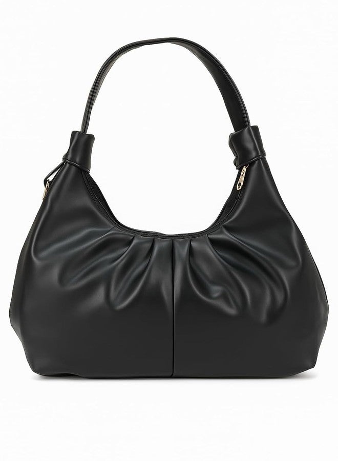 Dcozi Casual & Stylish Hobo Bag for Women & Girls- Soft Pleated PU Leather Shoulder Handbag with Zipper Closure | For Use Office & Everyday Purse (TB16) (Black) - Image 1
