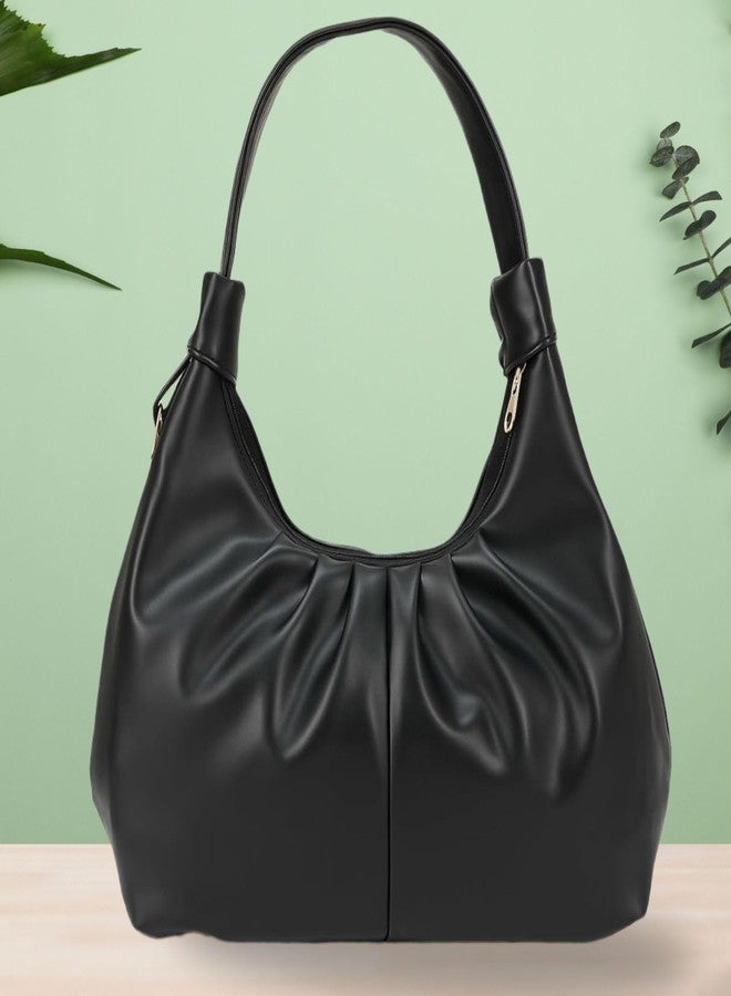 Dcozi Casual & Stylish Hobo Bag for Women & Girls- Soft Pleated PU Leather Shoulder Handbag with Zipper Closure | For Use Office & Everyday Purse (TB16) (Black) - Image 3
