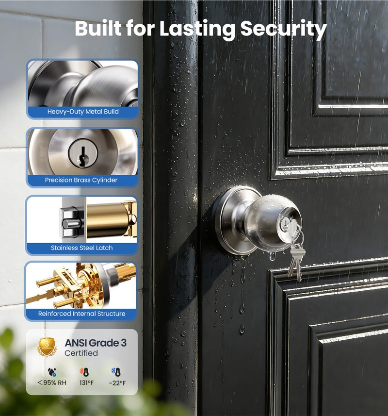 Veise Keyed Entry Door Knob, Bedroom Door Lock with Keys, Heavy-Duty Rust-Proof Construction, Door Handle for Exterior Interior Security, Easy to Install, Brushed Nickel - Image 4