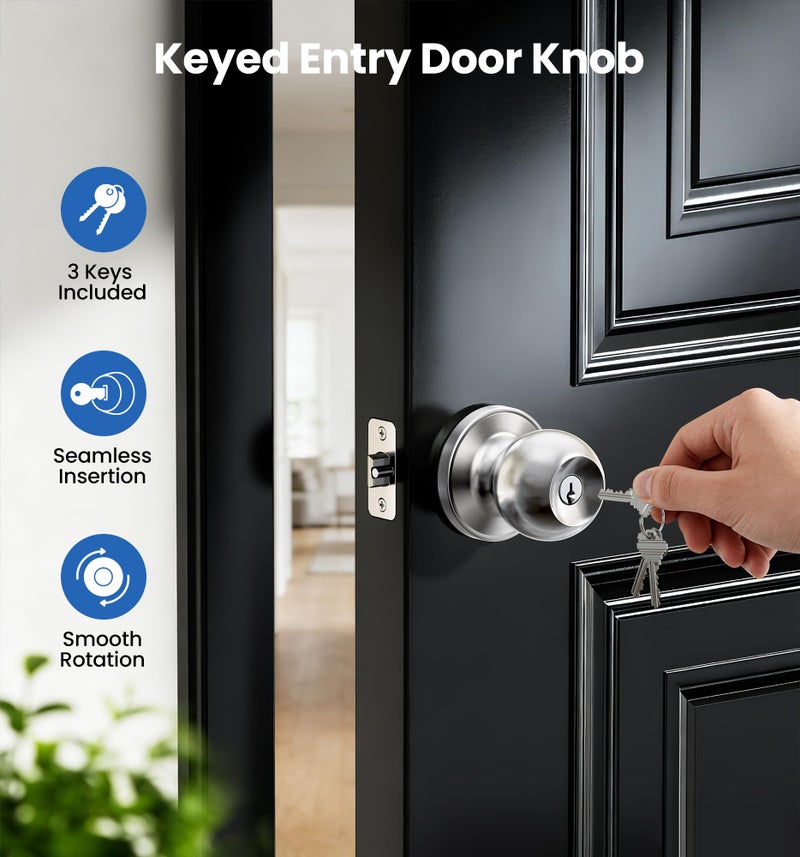 Veise Keyed Entry Door Knob, Bedroom Door Lock with Keys, Heavy-Duty Rust-Proof Construction, Door Handle for Exterior Interior Security, Easy to Install, Brushed Nickel - Image 2