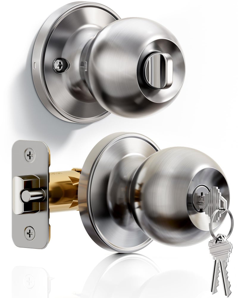 Veise Keyed Entry Door Knob, Bedroom Door Lock with Keys, Heavy-Duty Rust-Proof Construction, Door Handle for Exterior Interior Security, Easy to Install, Brushed Nickel - Image 1