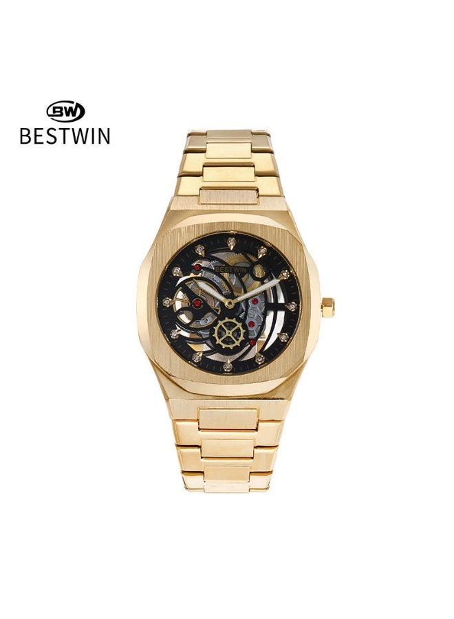 Bestwin Skeleton Automatic Mechanical Watch for Men – Luxury Stainless Steel Self-Winding Wristwatch with Transparent Dial