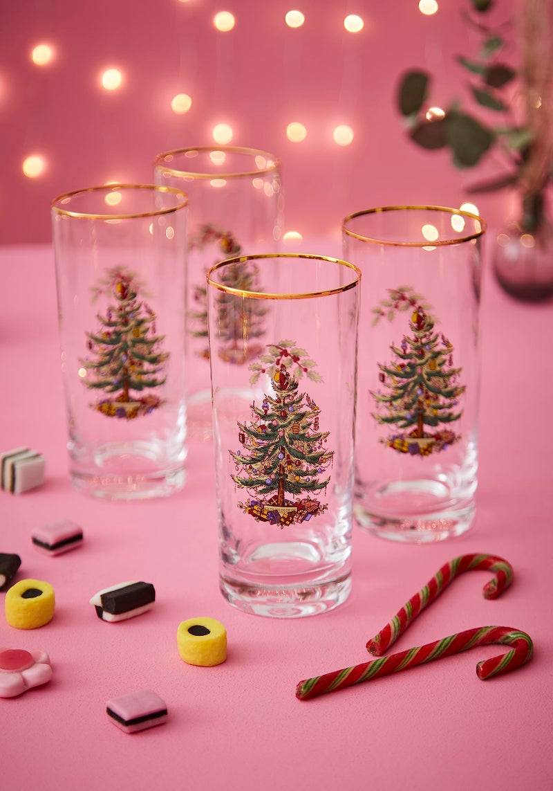 Spode Christmas Tree 15oz Highball Glasses, Set of 4 - Gold-Rimmed Elegant Holiday-Themed Glassware, Festive Holiday Drinkware for Christmas Parties, New Yearâ€™s Toasts & Festive Occasions - Image 2
