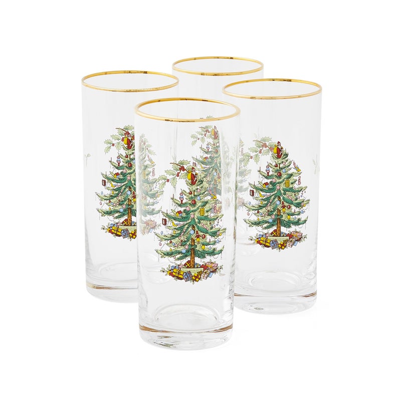 Spode Christmas Tree 15oz Highball Glasses, Set of 4 - Gold-Rimmed Elegant Holiday-Themed Glassware, Festive Holiday Drinkware for Christmas Parties, New Yearâ€™s Toasts & Festive Occasions - Image 1
