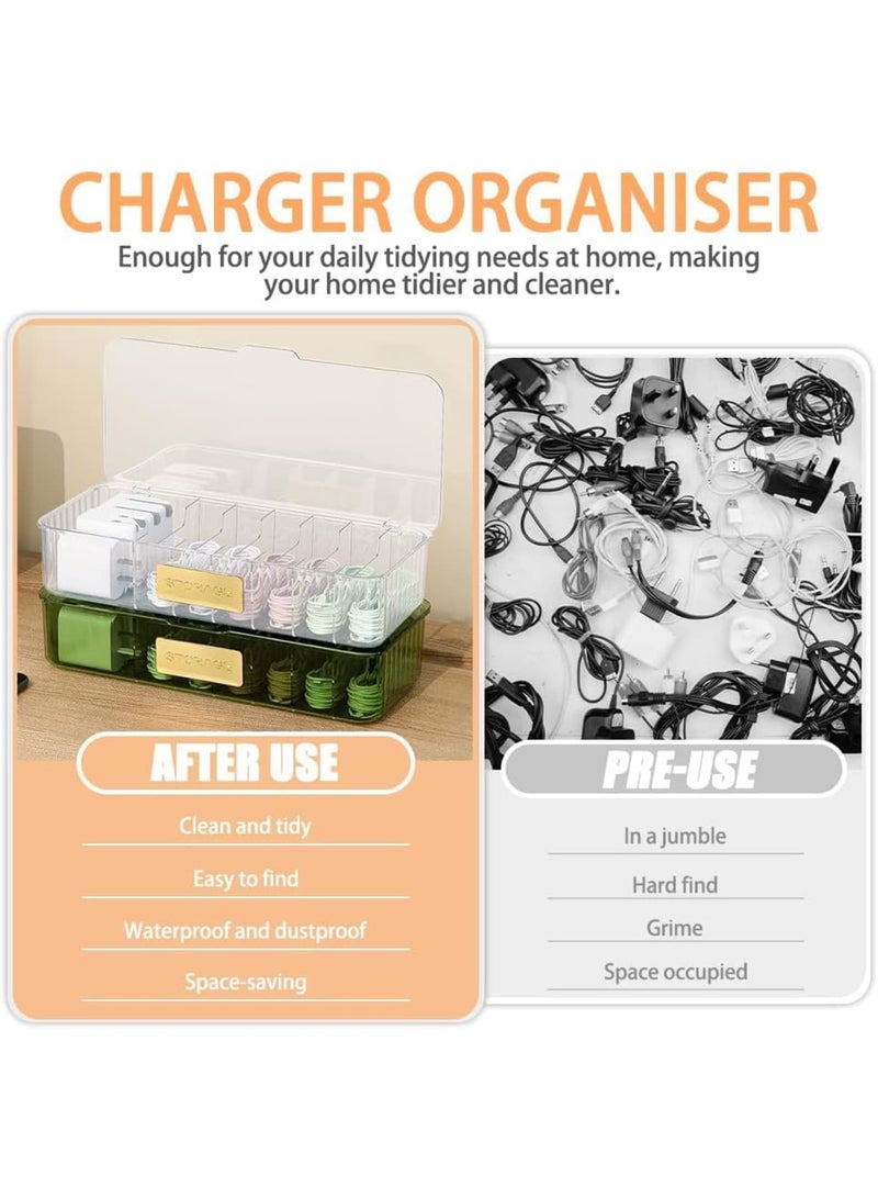 SYOSI Cable Organizer Box, Large Plastic Cable Storage Box with Lid 7 Grid Design and 30 Cable Ties for Headphones Chargers Power Cords and Accessories, 3 Pcs White - Image 3