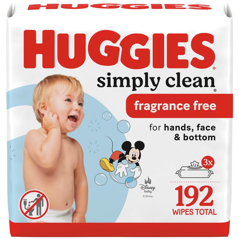 Huggies Simply Clean Unscented Baby Diaper Wipes, 3 Flip-Top Packs (192 Wipes Total), Packaging May Vary - Image 1