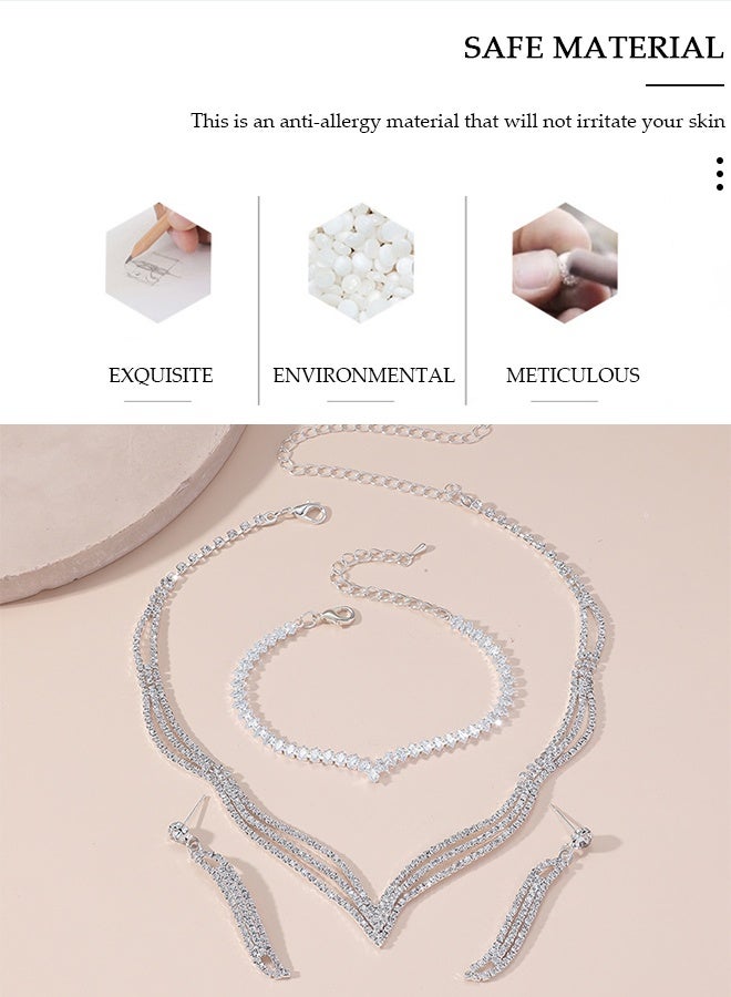 DUNISO 3Piece Necklace Bracelet and Earrings Set Full Diamond Necklace Crystal Earrings Wedding Bridal Bridesmaid Costume Jewelry Set for Women and Girls Dress Accessories - Image 5