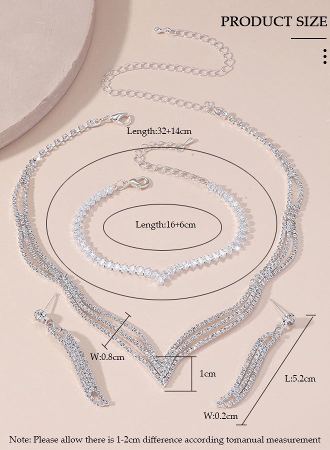 DUNISO 3Piece Necklace Bracelet and Earrings Set Full Diamond Necklace Crystal Earrings Wedding Bridal Bridesmaid Costume Jewelry Set for Women and Girls Dress Accessories - Image 3