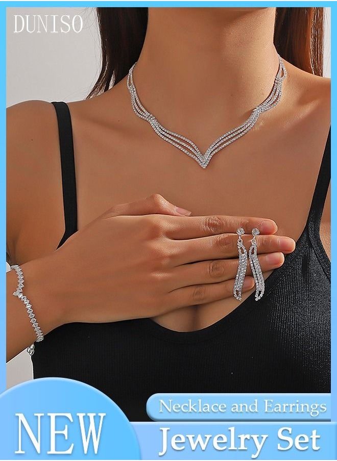 DUNISO - 3Piece Necklace Bracelet and Earrings Set Full Diamond Necklace Crystal Earrings Wedding Bridal Bridesmaid Costume Jewelry Set for Women and Girls Dress Accessories - Image 1