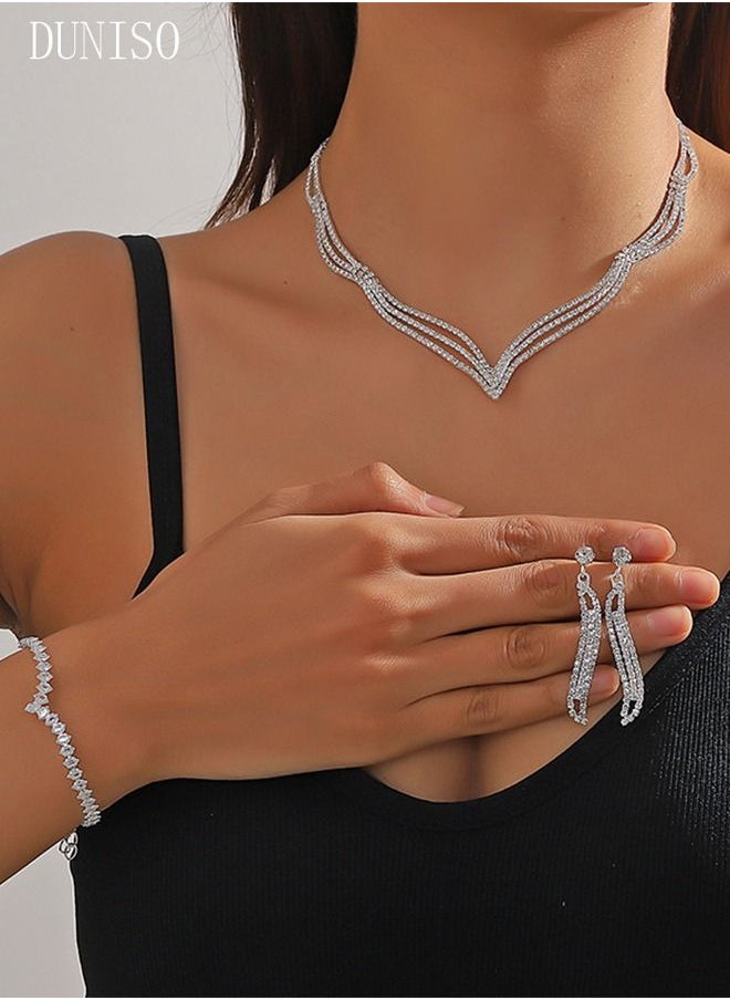 DUNISO - 3Piece Necklace Bracelet and Earrings Set Full Diamond Necklace Crystal Earrings Wedding Bridal Bridesmaid Costume Jewelry Set for Women and Girls Dress Accessories - Image 1