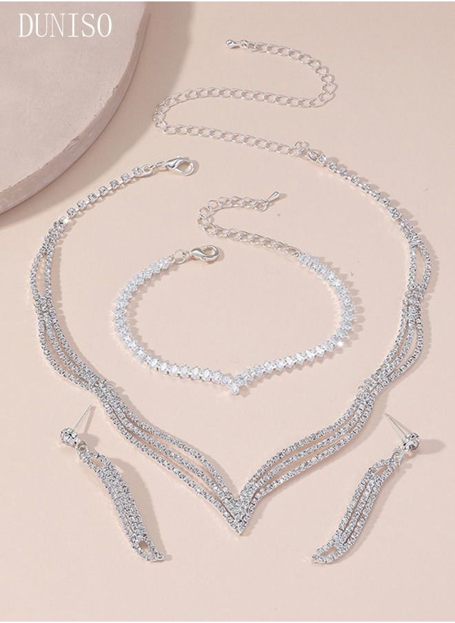 DUNISO - 3Piece Necklace Bracelet and Earrings Set Full Diamond Necklace Crystal Earrings Wedding Bridal Bridesmaid Costume Jewelry Set for Women and Girls Dress Accessories - Image 1