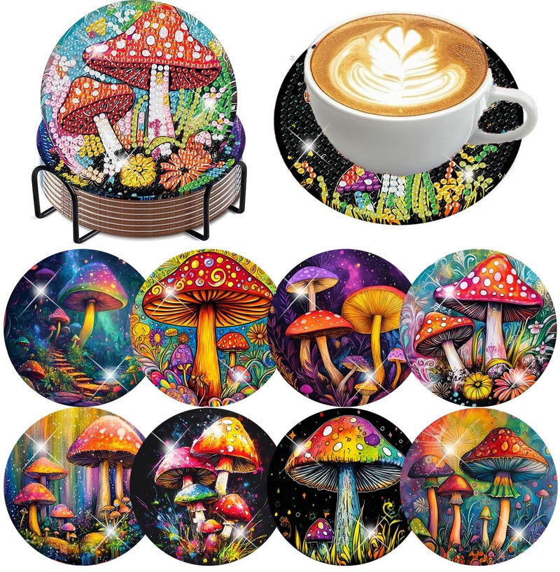 mrpwnle 8 Pack Mushroom Diamond Art Coasters Kits, Mushroom Diamond Painting Coasters Kits Set with Holder Cork Pads, DIY Diamonds Art Non Slip Coaster Crafts Supplies Kit - Image 1