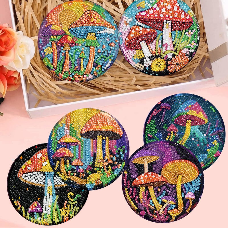 mrpwnle 8 Pack Mushroom Diamond Art Coasters Kits, Mushroom Diamond Painting Coasters Kits Set with Holder Cork Pads, DIY Diamonds Art Non Slip Coaster Crafts Supplies Kit - Image 4