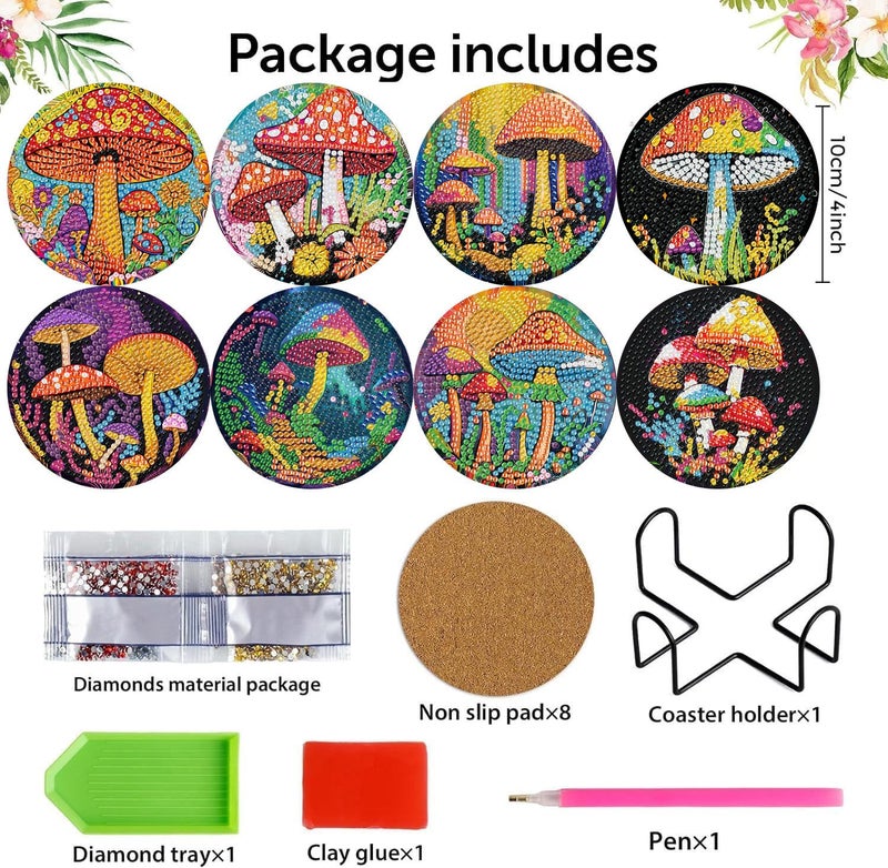 mrpwnle 8 Pack Mushroom Diamond Art Coasters Kits, Mushroom Diamond Painting Coasters Kits Set with Holder Cork Pads, DIY Diamonds Art Non Slip Coaster Crafts Supplies Kit - Image 2