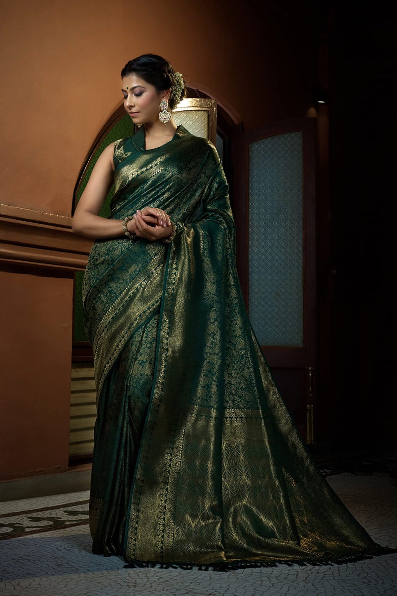 Vardha Women's Kanchipuram Art Silk Saree with Unstitched Blouse Piece - Zari Woven Work Sarees for Wedding (Asya Silk, 397, Dark Green) - Image 3