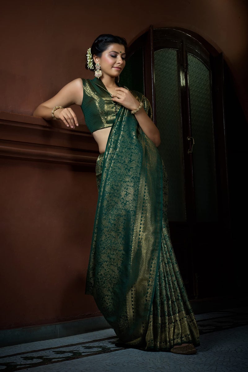 Vardha Women's Kanchipuram Art Silk Saree with Unstitched Blouse Piece - Zari Woven Work Sarees for Wedding (Asya Silk, 397, Dark Green) - Image 5