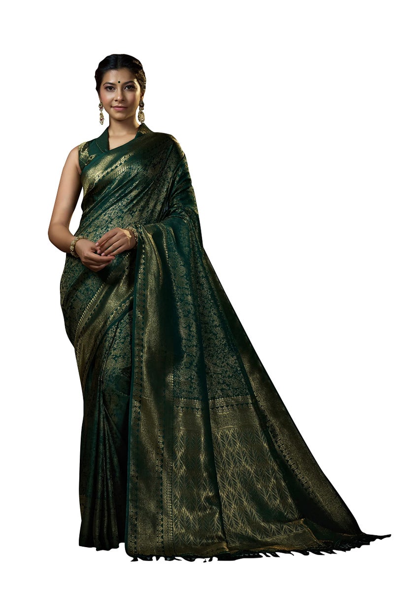 Vardha Women's Kanchipuram Art Silk Saree with Unstitched Blouse Piece - Zari Woven Work Sarees for Wedding (Asya Silk, 397, Dark Green) - Image 1