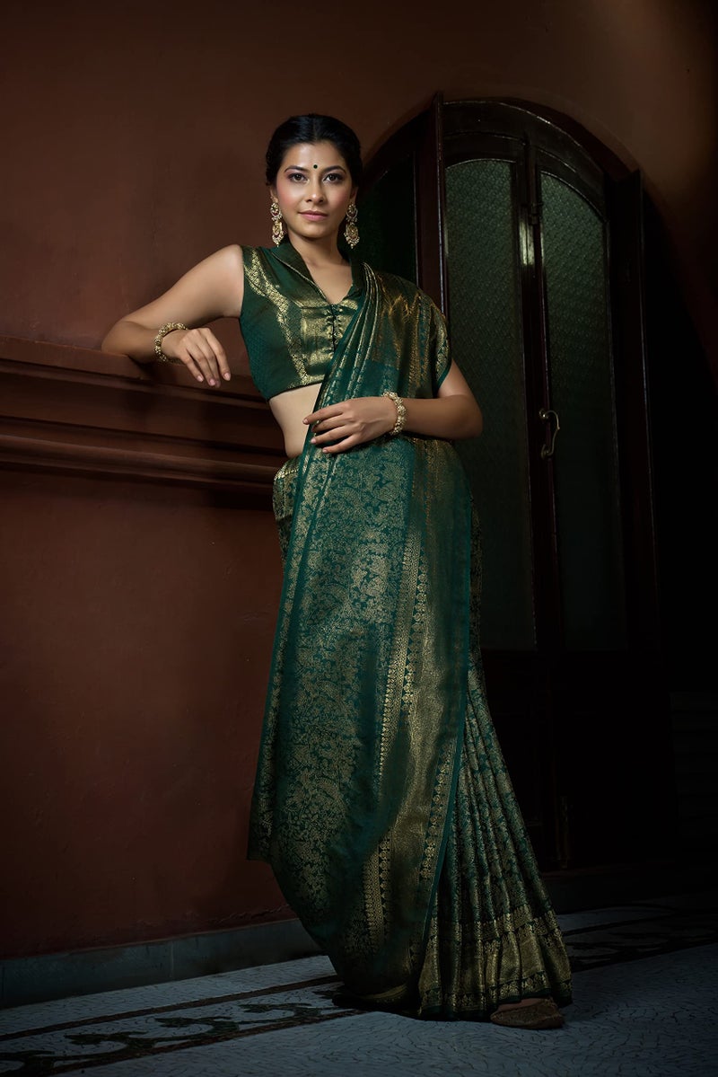 Vardha Women's Kanchipuram Art Silk Saree with Unstitched Blouse Piece - Zari Woven Work Sarees for Wedding (Asya Silk, 397, Dark Green) - Image 4