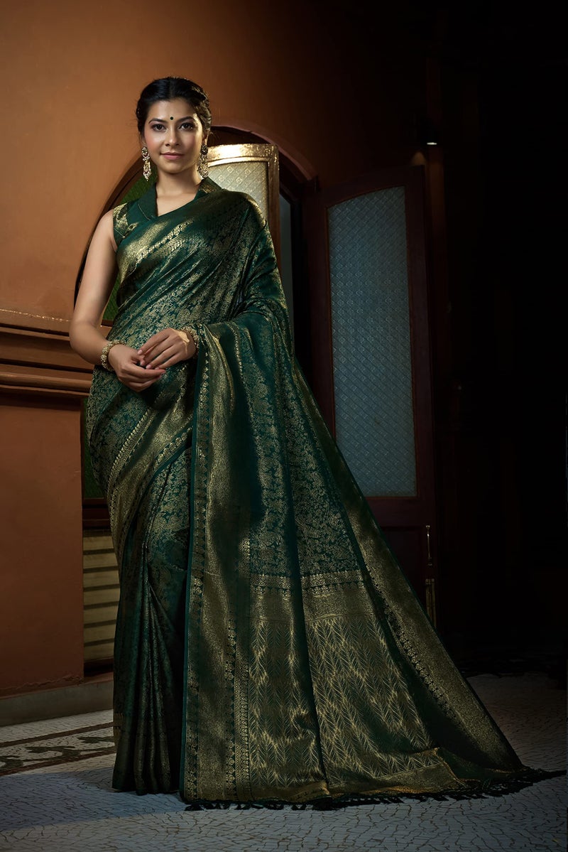 Vardha Women's Kanchipuram Art Silk Saree with Unstitched Blouse Piece - Zari Woven Work Sarees for Wedding (Asya Silk, 397, Dark Green) - Image 2