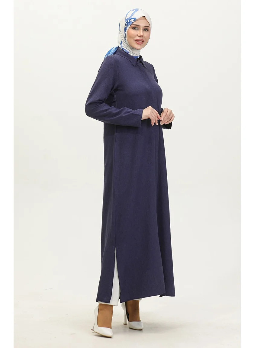 Sefa Merve Shirt Collar Abaya 24019-05 Navy Blue