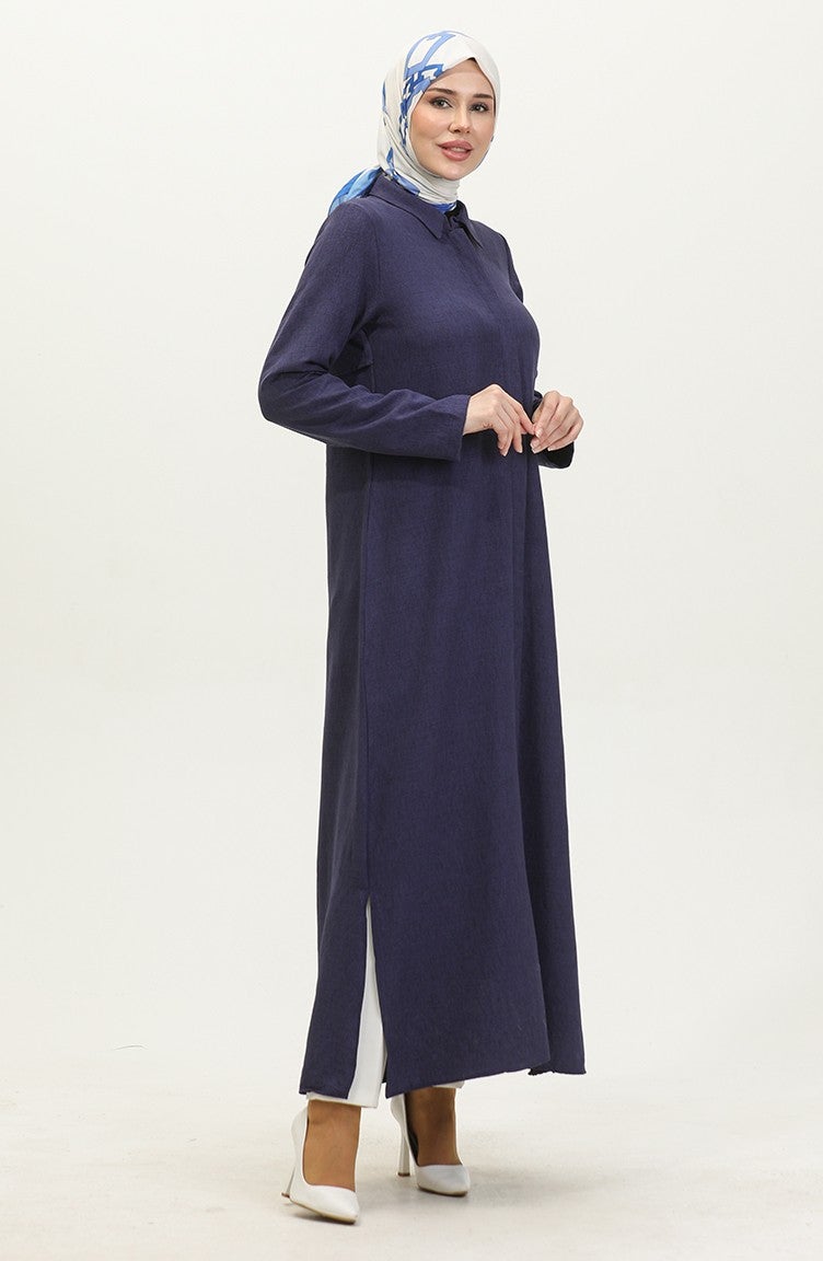 Sefa Merve Shirt Collar Abaya 24019-05 Navy Blue - Image 2