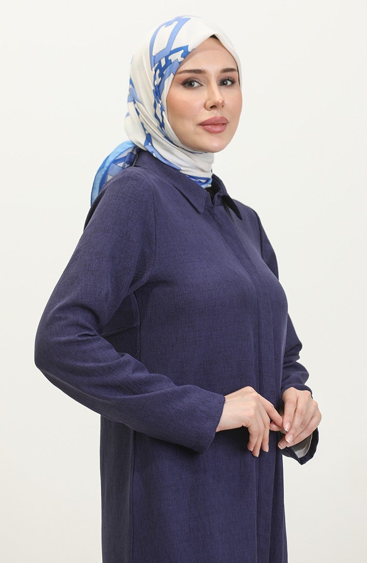 Sefa Merve Shirt Collar Abaya 24019-05 Navy Blue - Image 3
