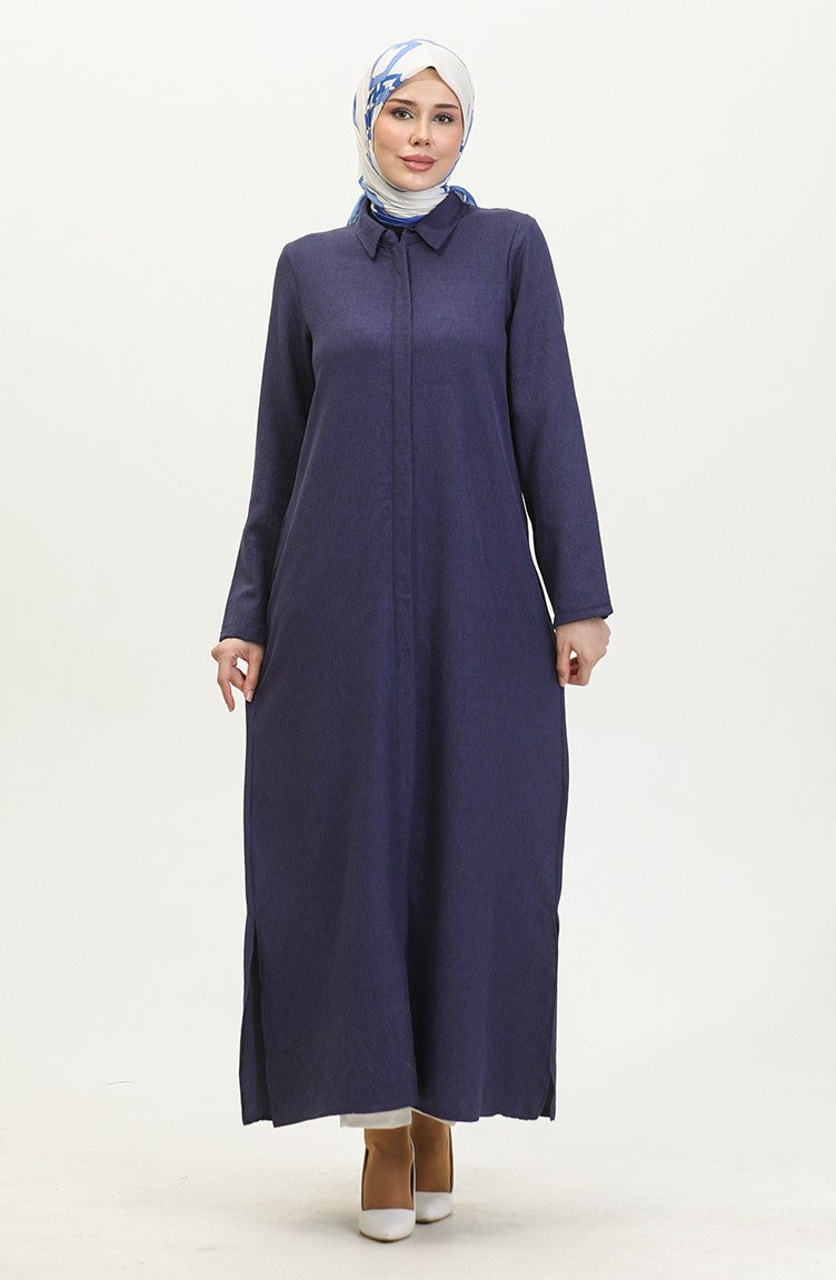 Sefa Merve Shirt Collar Abaya 24019-05 Navy Blue - Image 1