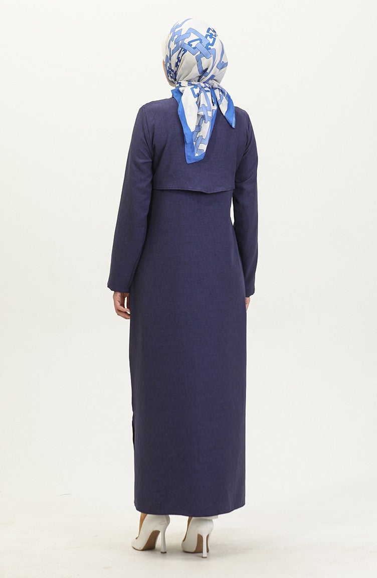 Sefa Merve Shirt Collar Abaya 24019-05 Navy Blue - Image 5