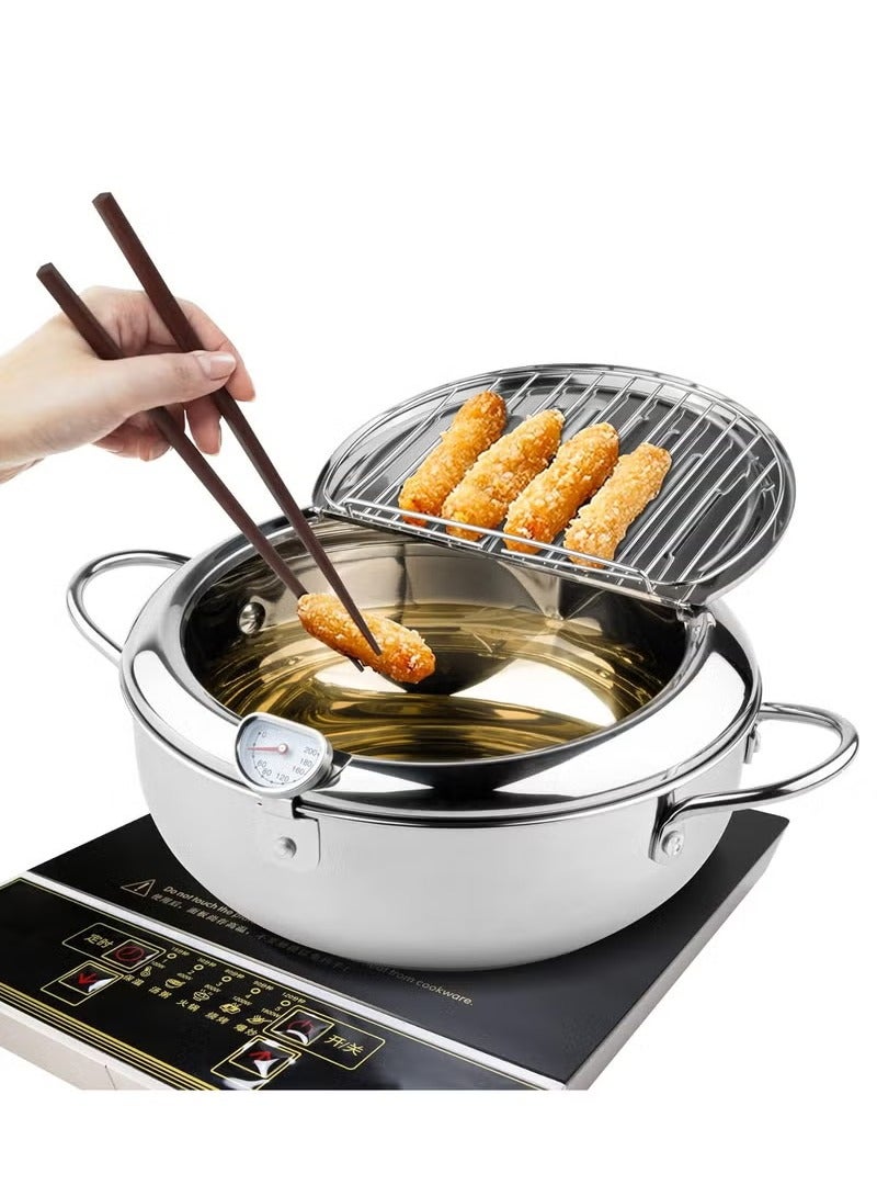 XiuWoo Deep Fryer Pot, Japanese Tempura Deep Fryer Stainless Steel Frying Pot With Thermometer 4.2L, Small household fryer, 37*15.5CM - Image 1