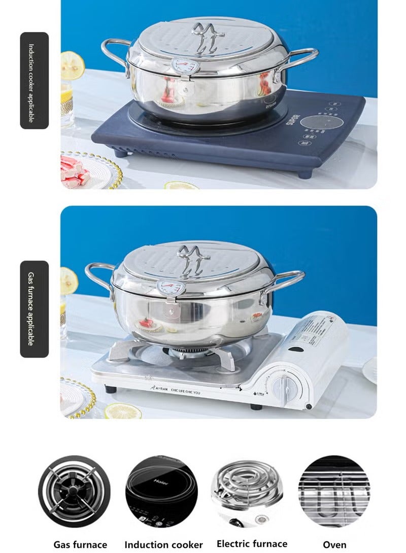 XiuWoo Deep Fryer Pot, Japanese Tempura Deep Fryer Stainless Steel Frying Pot With Thermometer 4.2L, Small household fryer, 37*15.5CM - Image 2