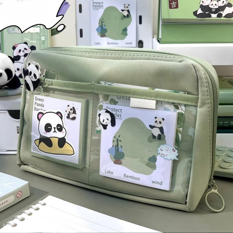 KASTWAVE Large Capacity Pencil Case, Kawaii Cute Aesthetic Pencil Pouch Handheld Pen Bag, Canvas Cosmetic Portable Gift for Office School Teen Girl Boy Men Women Adult (Green) - Image 2