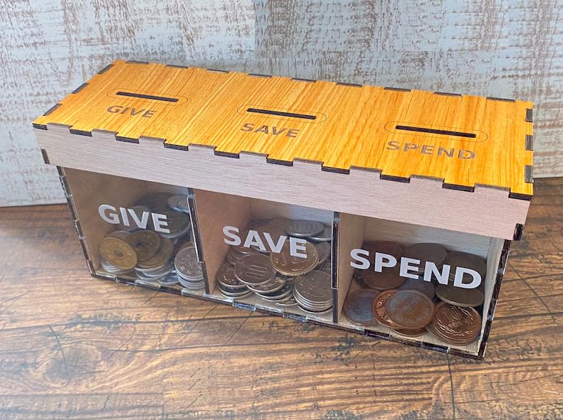 MeeCraft Give Save Spend Money Saving Wooden Coin Box Piggy Bank for Kids and Adults 21x95x75cm Brown Beige - Image 1