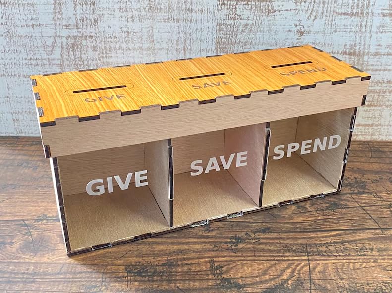 MeeCraft Give Save Spend Money Saving Wooden Coin Box Piggy Bank for Kids and Adults 21x95x75cm Brown Beige - Image 3