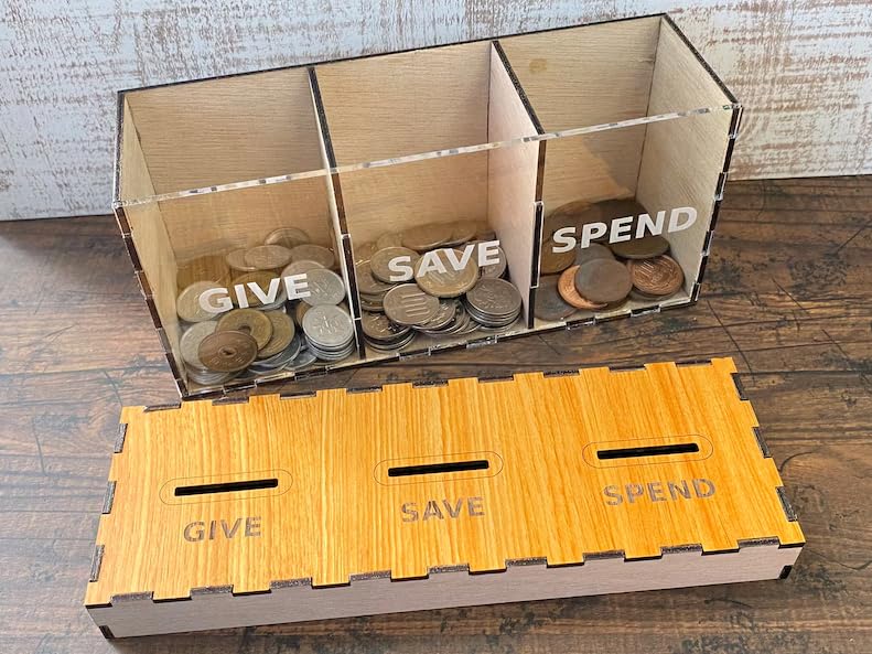 MeeCraft Give Save Spend Money Saving Wooden Coin Box Piggy Bank for Kids and Adults 21x95x75cm Brown Beige - Image 2