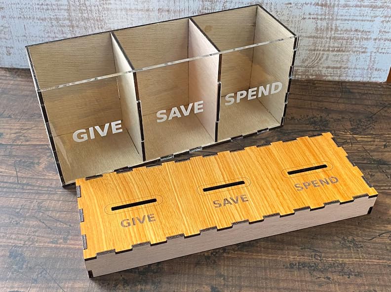MeeCraft Give Save Spend Money Saving Wooden Coin Box Piggy Bank for Kids and Adults 21x95x75cm Brown Beige - Image 5