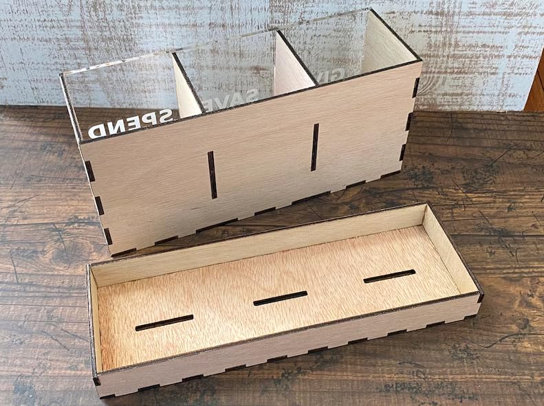 MeeCraft Give Save Spend Money Saving Wooden Coin Box Piggy Bank for Kids and Adults 21x95x75cm Brown Beige - Image 4