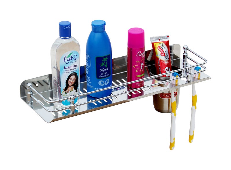 STONE STONE Stainless Steel 3 in 1 Multipurpose Bathroom Wall Shelf Toothbrush Holder Tumbler Holder Kitchen Rack and Bathroom Organizer with Toothbrush and Towel Holder ( 15 Inch, Pack Of 1) - Image 1