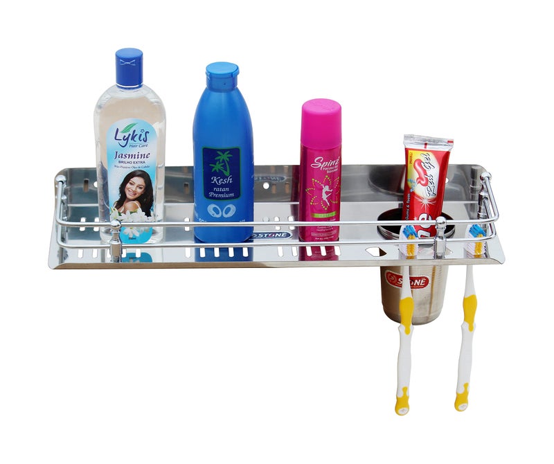 STONE STONE Stainless Steel 3 in 1 Multipurpose Bathroom Wall Shelf Toothbrush Holder Tumbler Holder Kitchen Rack and Bathroom Organizer with Toothbrush and Towel Holder ( 15 Inch, Pack Of 1) - Image 4