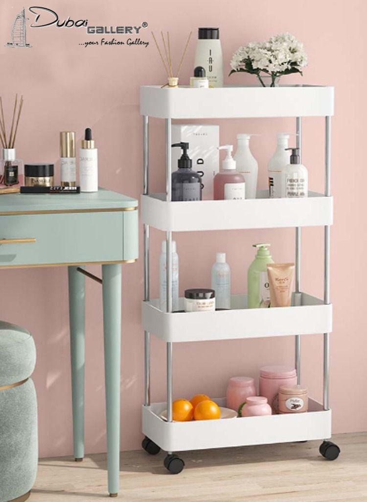 DubaiGallery 4 Tier Rolling Utility Cart Storage Shelves With Roller Wheels Organizer Shelf For Kitchen Bathroom Office Living Room, Storage Holders & Racks  - Image 1