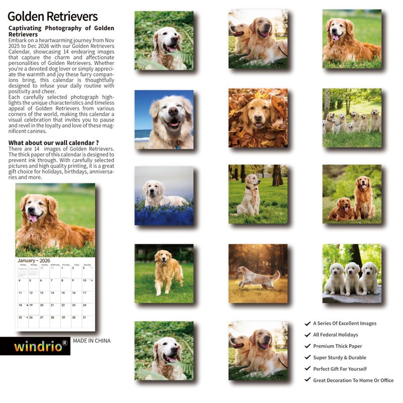 windrio 2026 Wall Calendar,Calendar 2026, November 2025 - December 2026, Wall Calendar Golden Retrievers, 12" x 24" Opened,Full Page Months Thick & Sturdy Paper for Calendar Organizing & Planning - Image 2