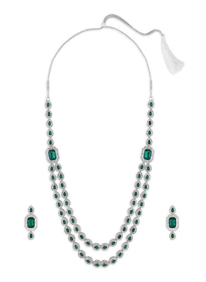 Zaveri Pearls طقم عقد وأقراط عصري متعدد الطبقات من زافيري بيرلز، مرصع بأحجار خضراء وألماس نمساوي براق، للنساء - ZPFK18902 - Image 1