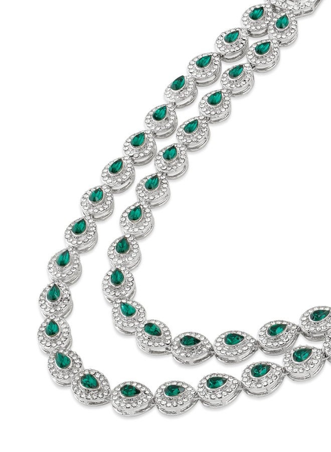 Zaveri Pearls طقم عقد وأقراط عصري متعدد الطبقات من زافيري بيرلز، مرصع بأحجار خضراء وألماس نمساوي براق، للنساء - ZPFK18902 - Image 5