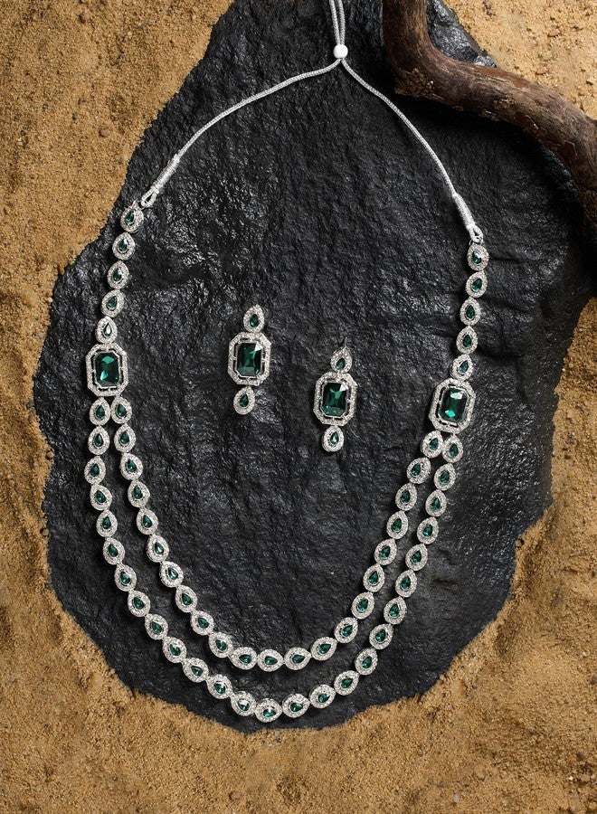 Zaveri Pearls طقم عقد وأقراط عصري متعدد الطبقات من زافيري بيرلز، مرصع بأحجار خضراء وألماس نمساوي براق، للنساء - ZPFK18902 - Image 2