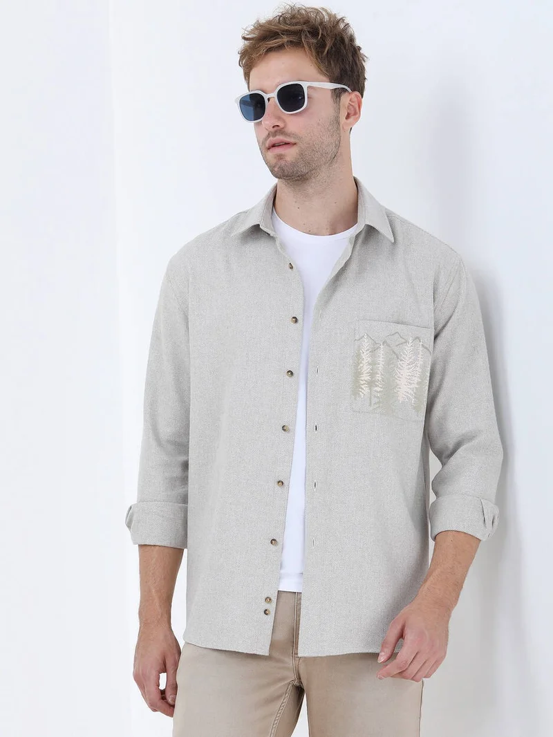 Kip Beige Printed Regular Fit Woven Casual Cotton Blend Shirt